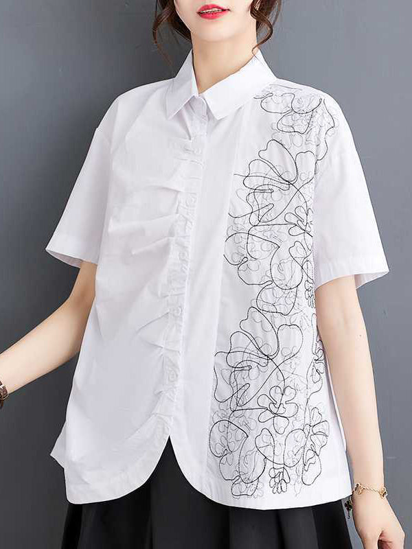 xakxx Irregularity Loose Buttoned Embroidered Pleated Lapel Collar Blouses&Shirts Tops