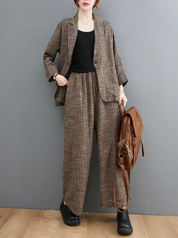 xakxx Vintage Ramie Cotton Notched Collar One Button Suits+Column Pants 2 Pieces Set