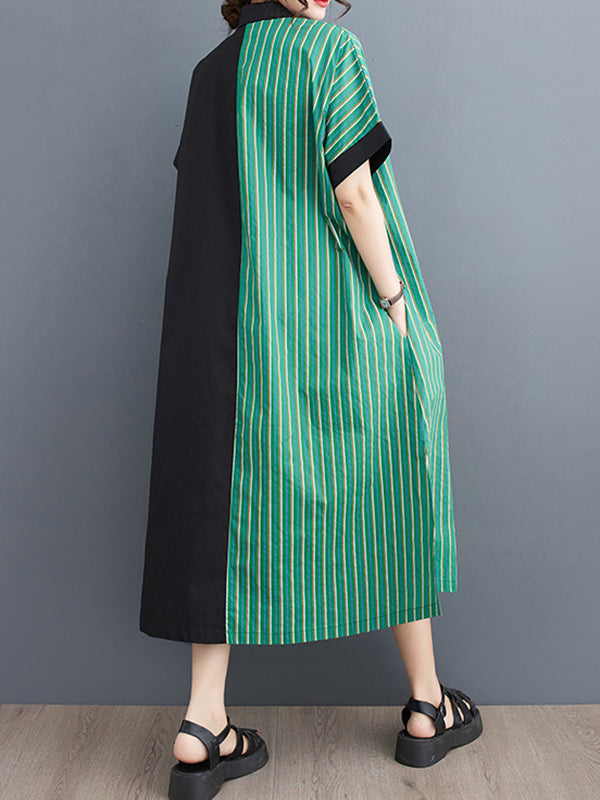 xakxx Loose Short Sleeves Asymmetric Split-Joint Striped Lapel Midi Dresses Shirt Dress