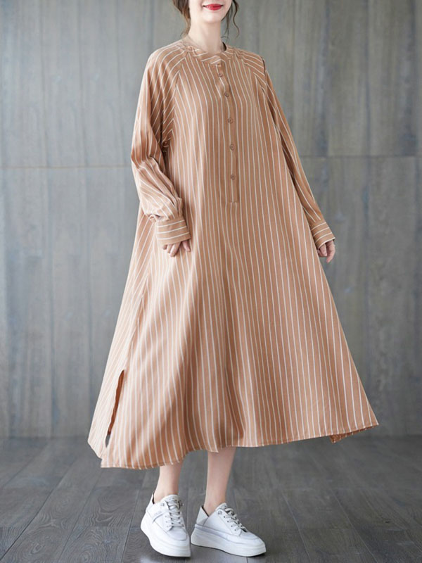 xakxx Long Sleeves Loose Buttoned Split-Side Striped Round-Neck Midi Dresses Shirt Dress