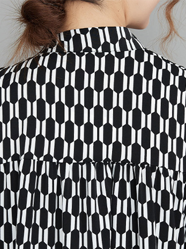 xakxx Casual Long Sleeves Loose Buttoned Contrast Color Printed Split-Joint Stand Collar Midi Dresses