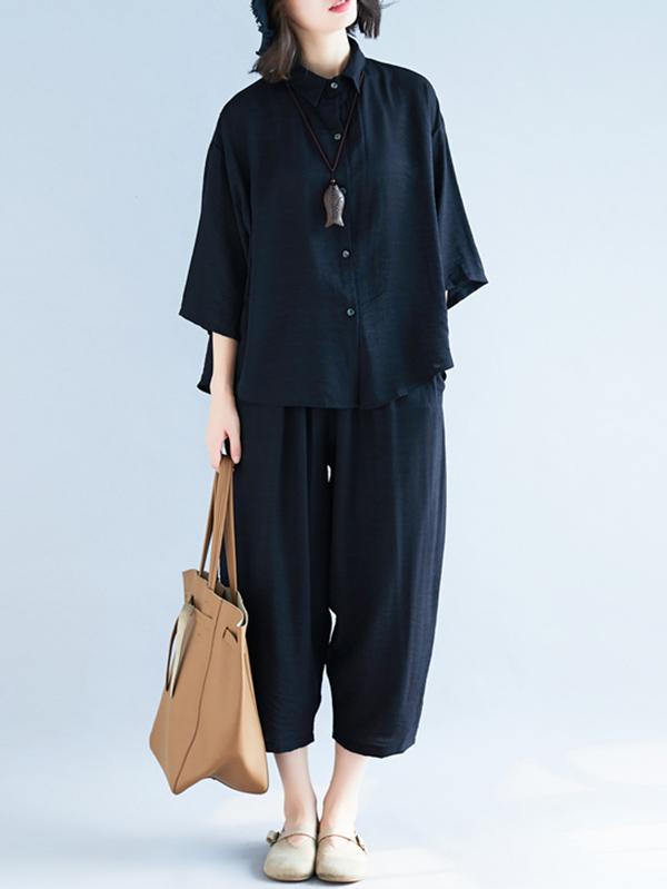 xakxx Two-Pieces Black Loose Shirt And Ninth Pants Suit