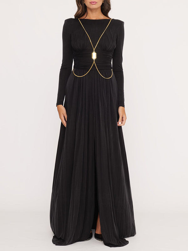 xakxx Long Sleeves Backless No Body Chain Pleated Solid Color Tied Waist Maxi Dresses