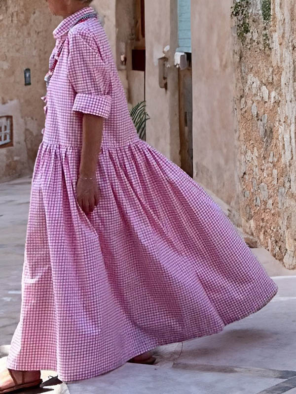 xakxx Long Sleeves Loose Buttoned Plaid Pleated Split-Joint Lapel Maxi Dresses