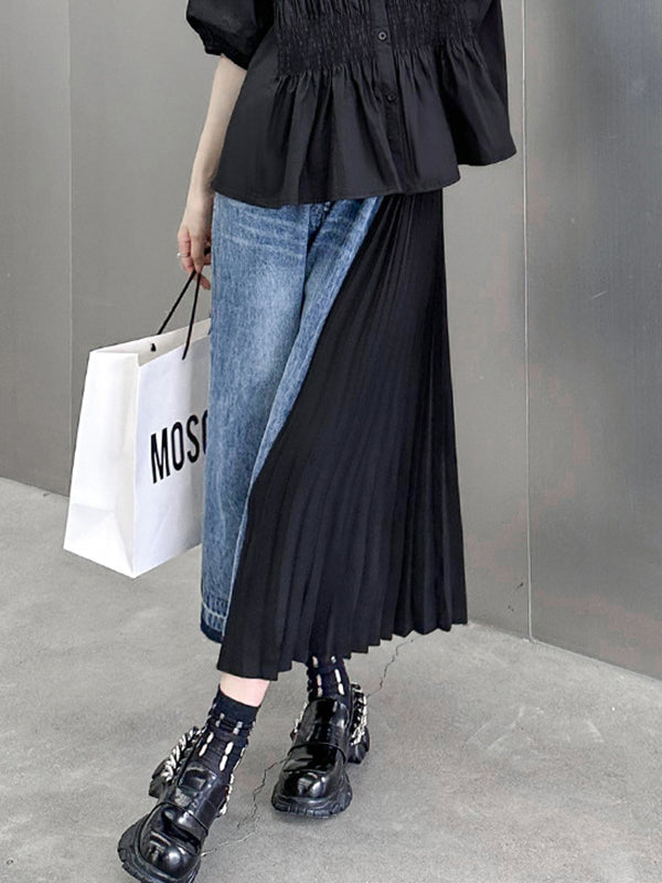 xakxx Loose Ninth Pants Contrast Color Pleated Split-Joint Jean Pants Bottoms