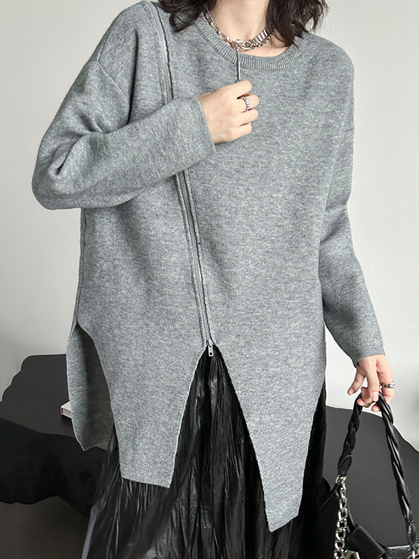 xakxx High-Low Long Sleeves Asymmetric Solid Color Zipper Round-Neck Pullovers Sweater Tops