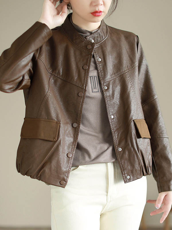 xakxx Long Sleeves Loose Buttoned Pleated Pockets Split-Joint Stand Collar Jackets Outerwear
