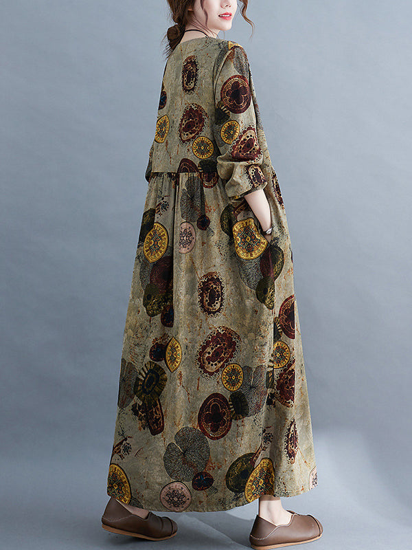 xakxx Artistic Retro Loose Long Sleeves Printed Round-Neck Maxi Dresses
