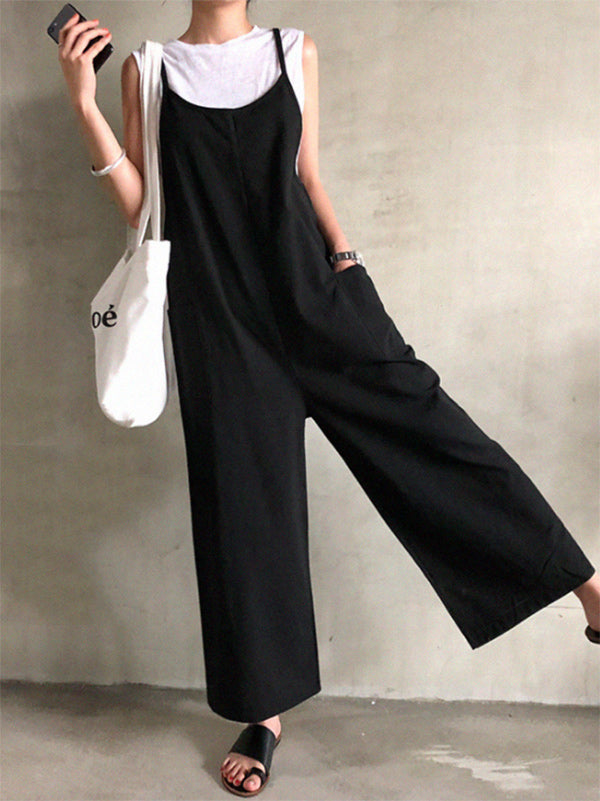 xakxx Black&Khaki Casual Spaghetti-Neck Loose Wide-Leg Overalls