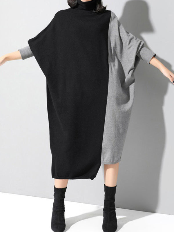 xakxx Casual Loose Split-Joint Contrast Color High-Neck Long Sleeves Dress