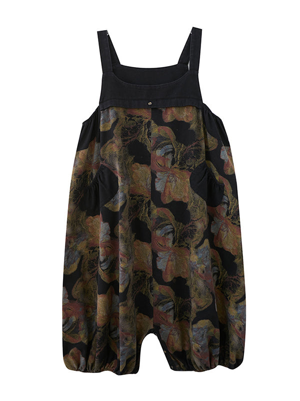 xakxx Artistic Retro Vintage Loose Floral Printed Square-Neck Sleeveless Overalls