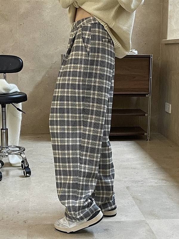 xakxx Vintage Wide Leg High-Waisted Pleated Plaid Pants