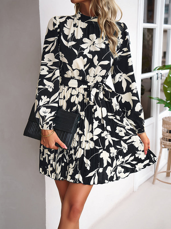 xakxx High Waisted Long Sleeves Flower Print Pleated Tied Waist Mock Neck Mini Dresses