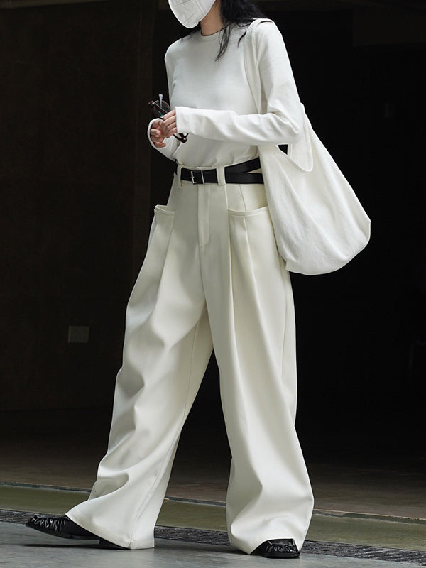 xakxx Loose Pleated Solid Color Wide Leg Pants Bottoms