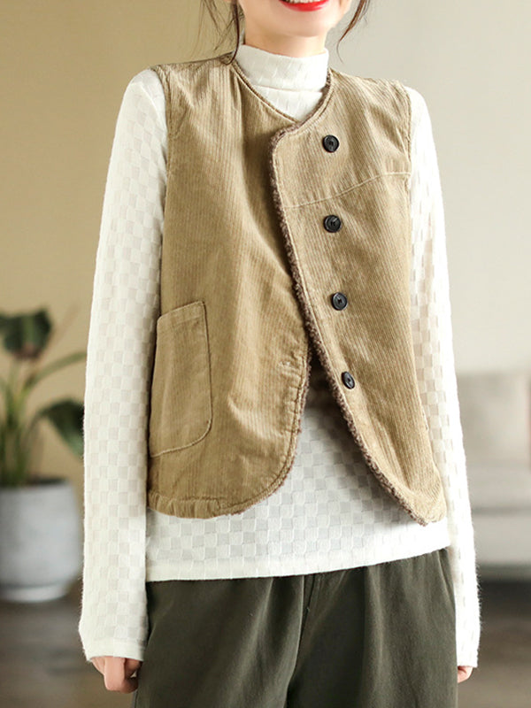 xakxx Vintage Sleeveless Loose Buttoned Split-Joint Solid Color Round-Neck Vest Outerwear