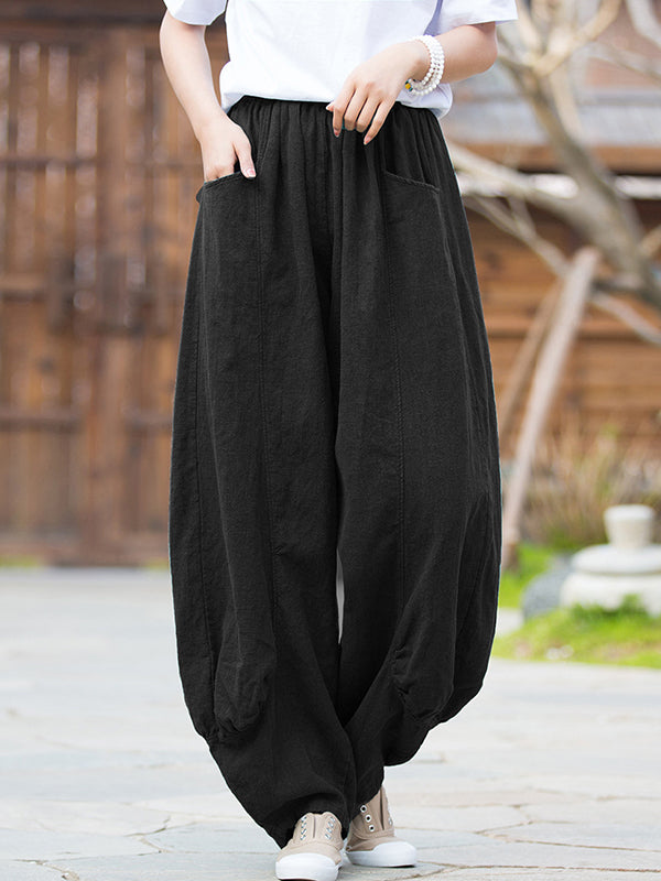 xakxx 7 Colors Casual Wide Leg High Waisted Solid Color Linen Pants