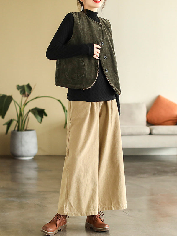 xakxx Vintage Sleeveless Loose Buttoned Split-Joint Solid Color Round-Neck Vest Outerwear