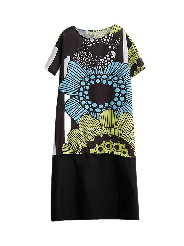 xakxx A-Line Loose Flower Print Pockets Split-Joint Round-Neck Midi Dresses