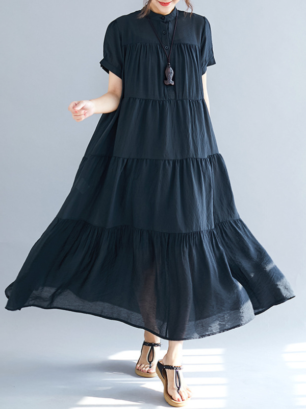 xakxx Vintage Loose Split-Joint Pleated Short Sleeves Round-Neck Midi Dress