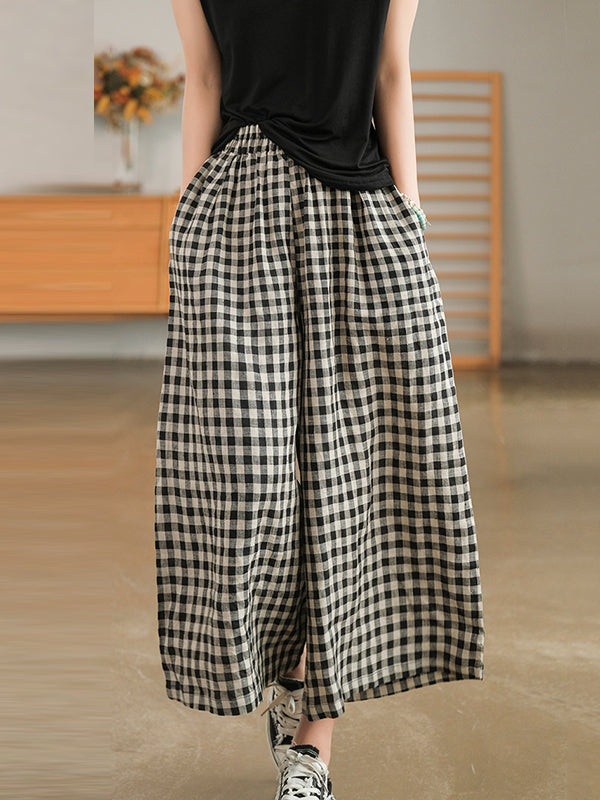 xakxx Artistic Retro Linen Loose Wide Legs Plaid Drawstring Pants