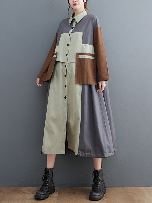 xakxx Vintage Loose Long Sleeves Contrast Color Polo Midi Dresses