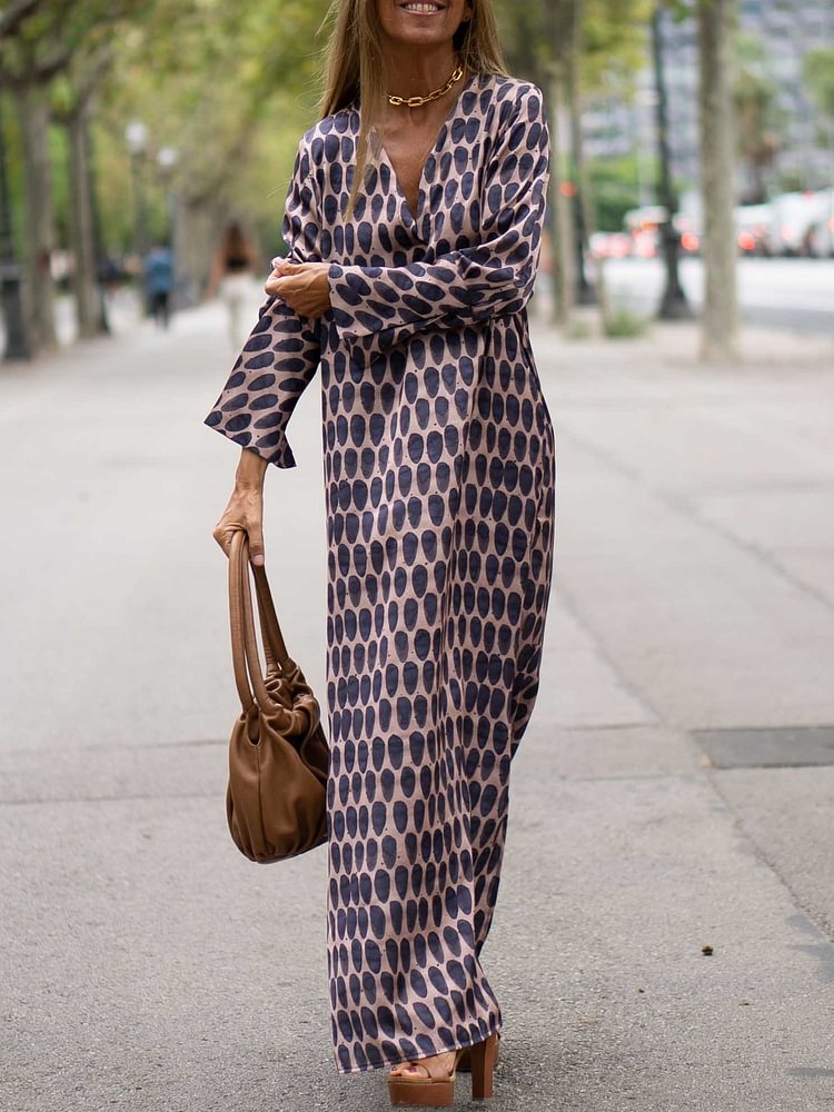 xakxx Women Casual Loose Printed Deep V-Neck Maxi Dresses