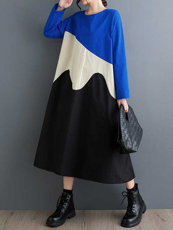 xakxx A-Line Long Sleeves Contrast Color Round-Neck Midi Dresses