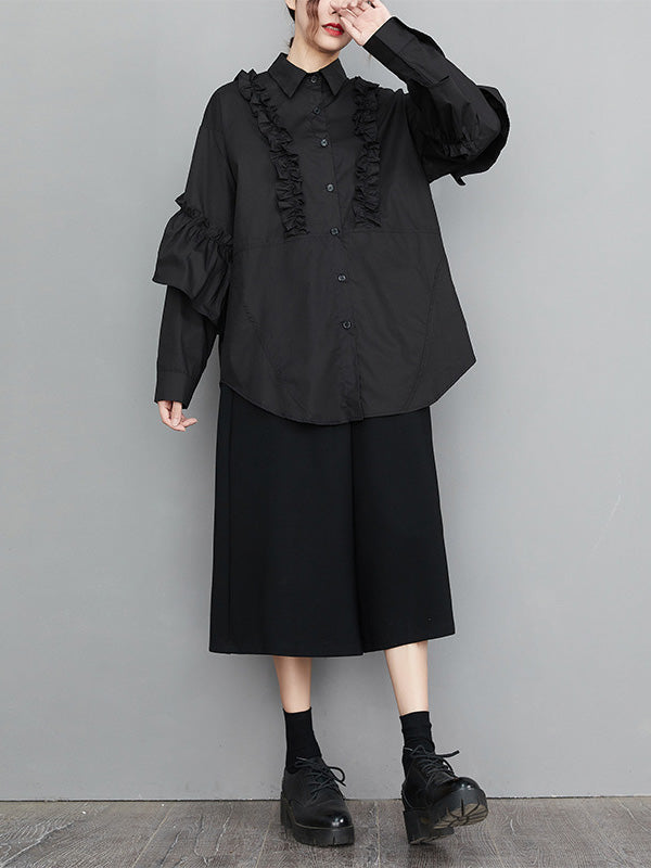 xakxx Casual Loose Long Sleeves Buttoned Ruffled Solid Color Lapel Collar Blouses&Shirts Tops