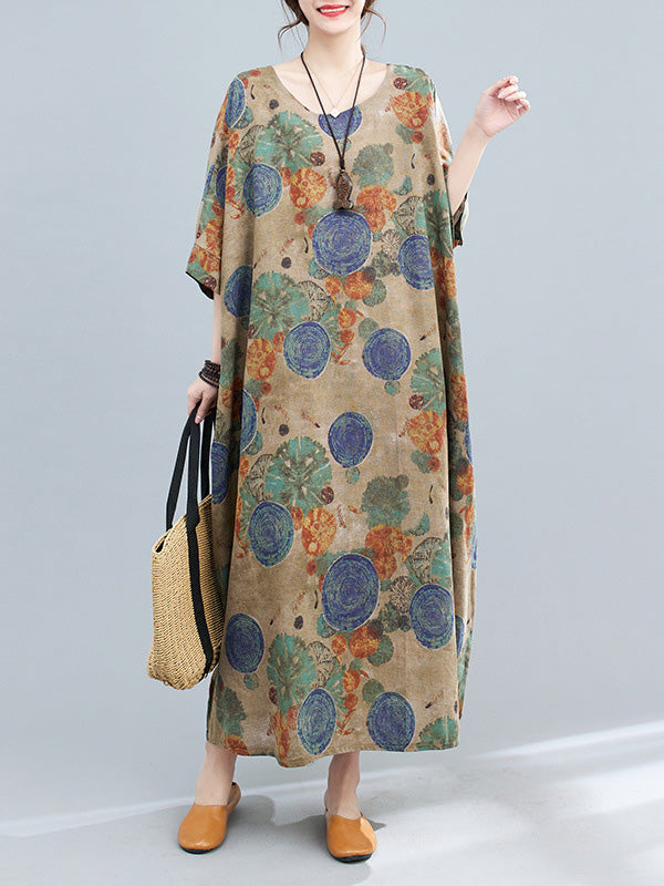 xakxx Casual Half Sleeves Loose Floral Printed Contrast Color Polka-Dot Round-Neck Midi Dresses