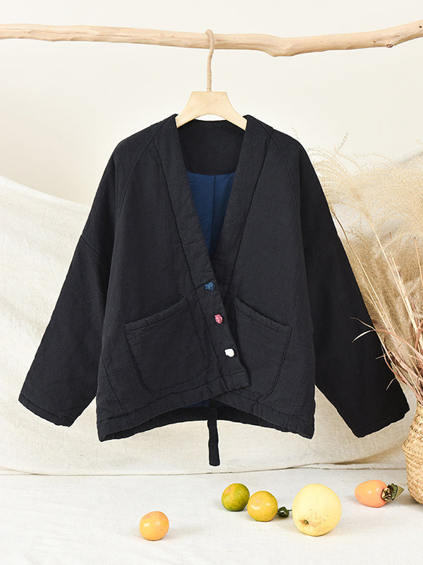 xakxx Vintage Loose Long Sleeves Keep Warm V-Neck Padded Coat