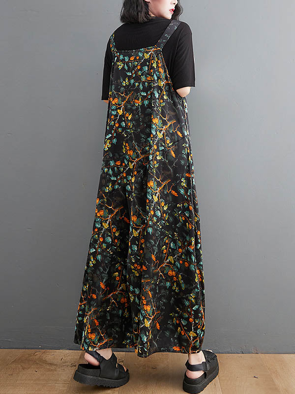xakxx Loose Artistic Retro Ramie Cotton Floral Printed V-Neck Overalls