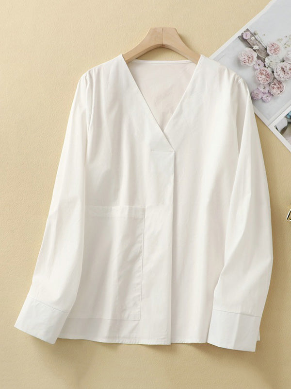 xakxx Long Sleeves Loose Pockets Solid Color V-Neck Blouses&Shirts Tops