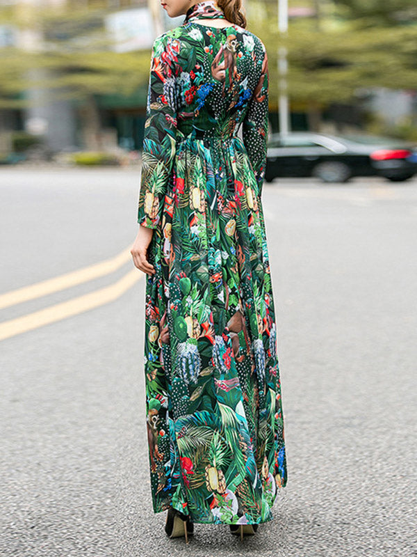 xakxx High Waisted Long Sleeves Bowknot Elasticity Flower Print Zipper Round-Neck Maxi Dresses