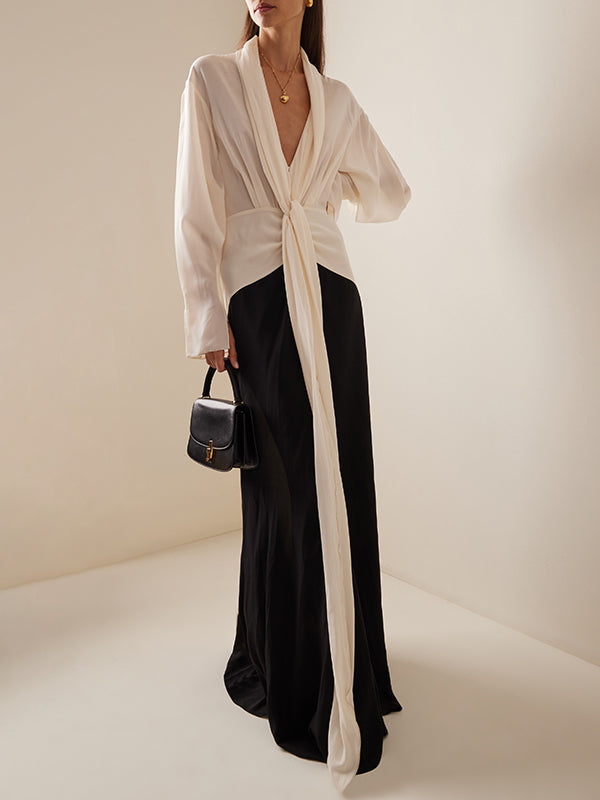 xakxx Long Sleeves Loose Contrast Color V-Neck Evening Dresses Maxi Dresses