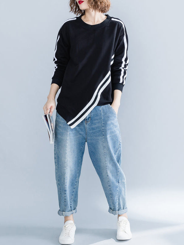 xakxx Cropped Long Sleeves Striped Round-Neck Hoodies&Sweatshirt