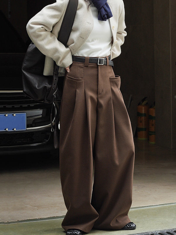 xakxx Loose Pleated Solid Color Wide Leg Pants Bottoms