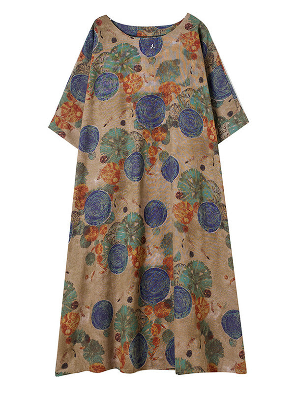 xakxx Casual Half Sleeves Loose Floral Printed Contrast Color Polka-Dot Round-Neck Midi Dresses