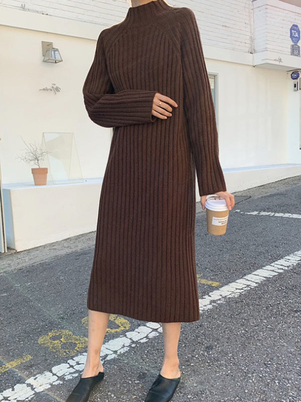 xakxx Urban Loose Long Sleeves Solid Color High-Neck Sweater Dresses