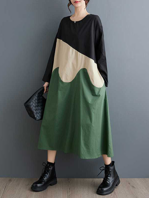 xakxx A-Line Long Sleeves Contrast Color Round-Neck Midi Dresses