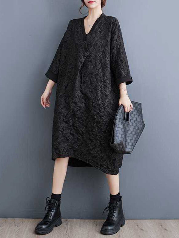 xakxx A-Line Half Sleeves Asymmetric Buttoned Jacquard V-Neck Midi Dresses