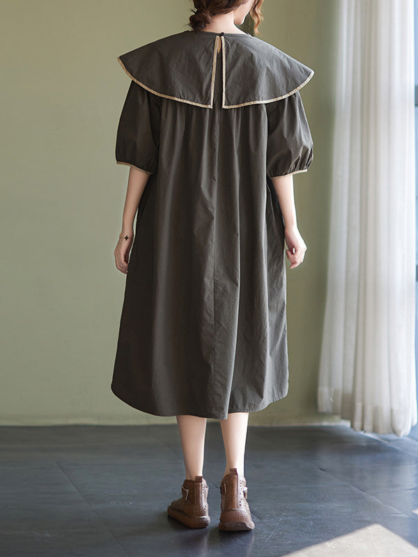 xakxx Loose Short Sleeves Pleated Split-Joint Peter Pan Collar Midi Dresses
