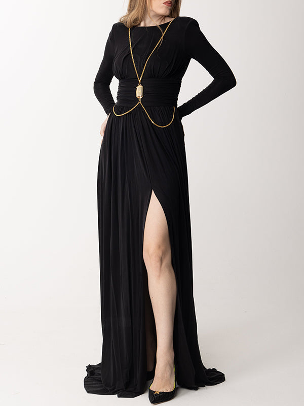 xakxx Long Sleeves Backless No Body Chain Pleated Solid Color Tied Waist Maxi Dresses