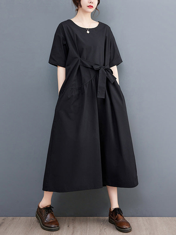 xakxx Casual Half Sleeves Loose Solid Color Round-Neck Midi Dresses