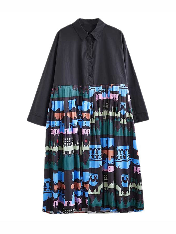 xakxx A-Line Long Sleeves Buttoned Pleated Printed Split-Joint Lapel Midi Dresses