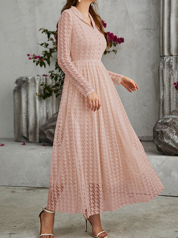 xakxx High Waisted Long Sleeves Buttoned Gauze See-Through Solid Color V-Neck Maxi Dresses