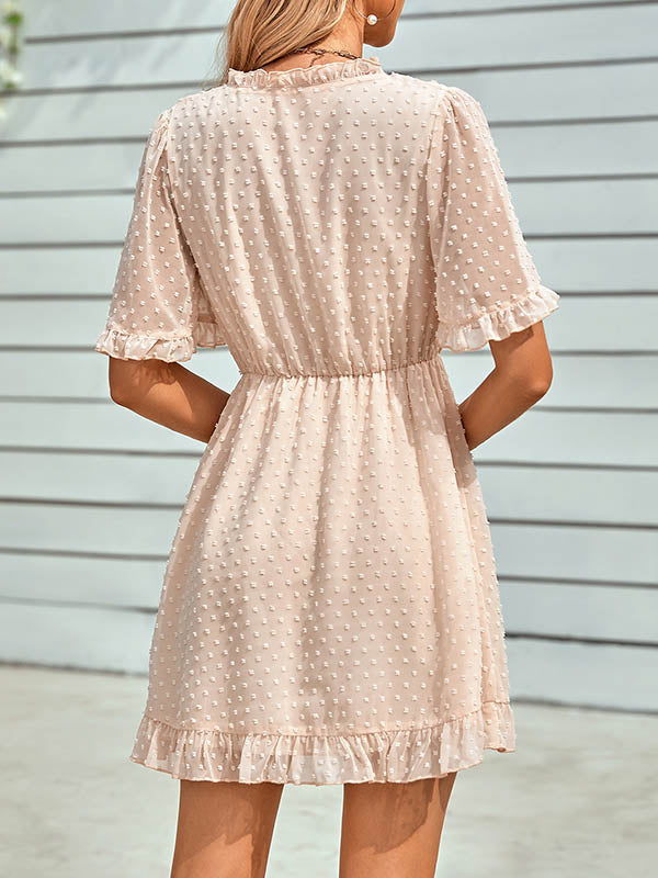 xakxx A-Line Loose Jacquard Ruffled Solid Color V-Neck Mini Dresses
