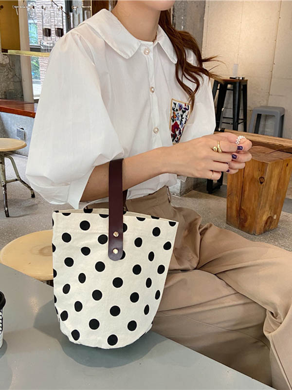 xakxx Vintage Canvas Polka-Dot Printed Makeup Tote Bag Bucket Bag