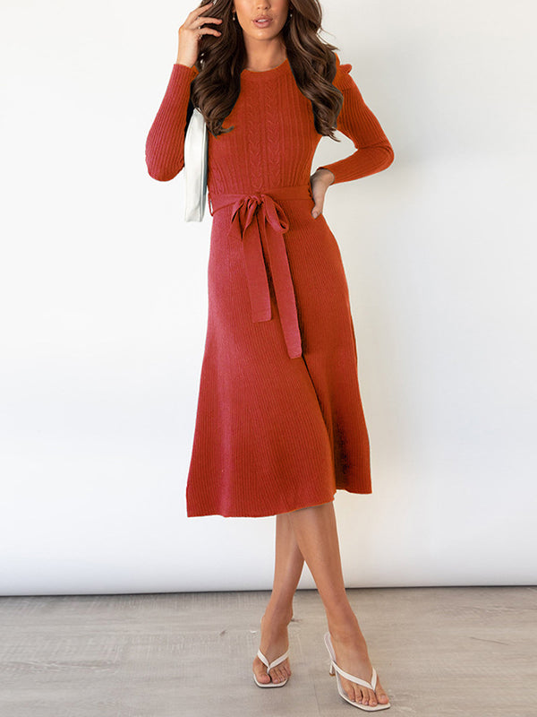 xakxx High Waisted Long Sleeves Solid Color Tied Waist Round-Neck Midi Dresses Sweater Dresses