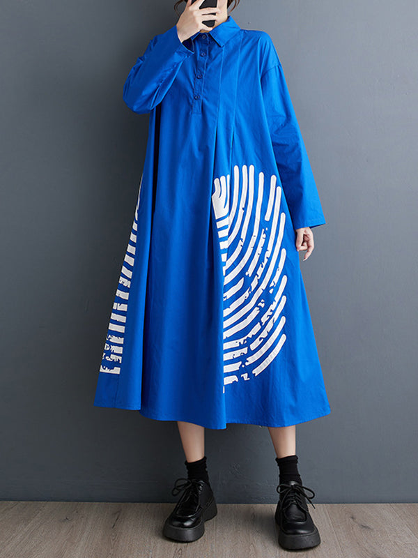 xakxx A-Line Long Sleeves Asymmetric Buttoned Pleated Printed Split-Joint Lapel Midi Dresses Shirt Dress