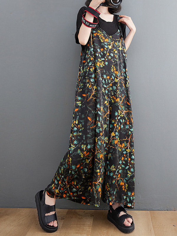 xakxx Loose Artistic Retro Ramie Cotton Floral Printed V-Neck Overalls